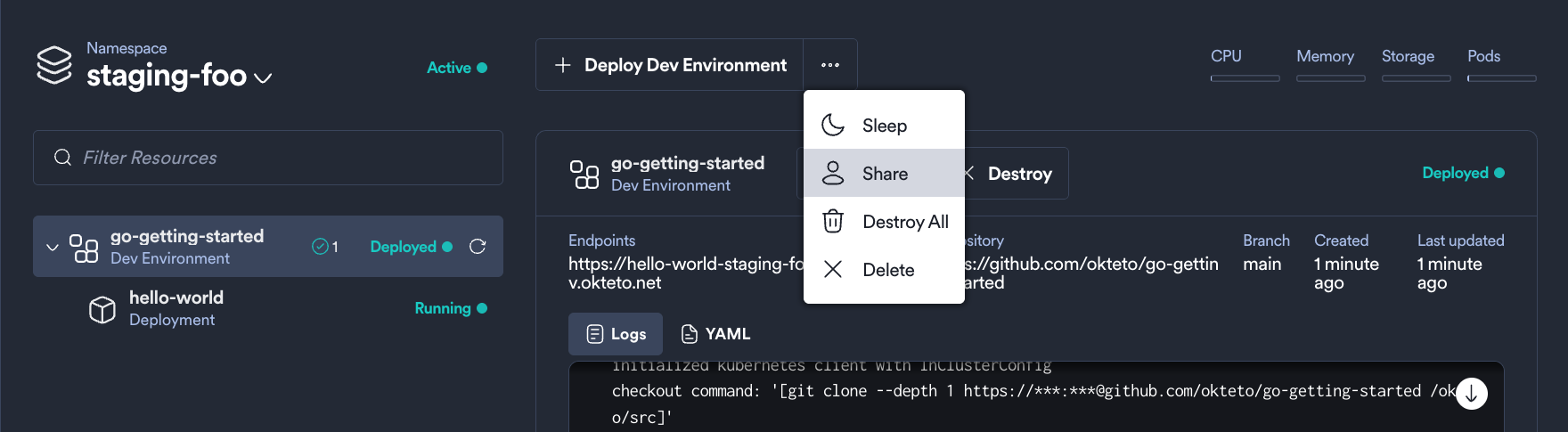 Okteto Namespace Landing Page